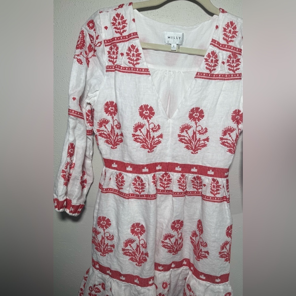 Milly Debbie Cross Stitch Embroidery Floral Linen Mini  Dress Size 0 - Picture 4 of 8